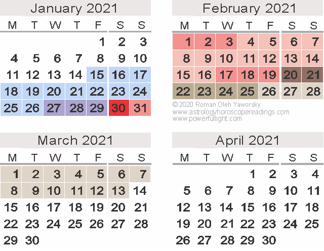 Mercury Retrograde Calendar, January to April 2021.  Copyright 2020 by Roman Oleh Yaworsky, www.astrologyhoroscopereadings.com